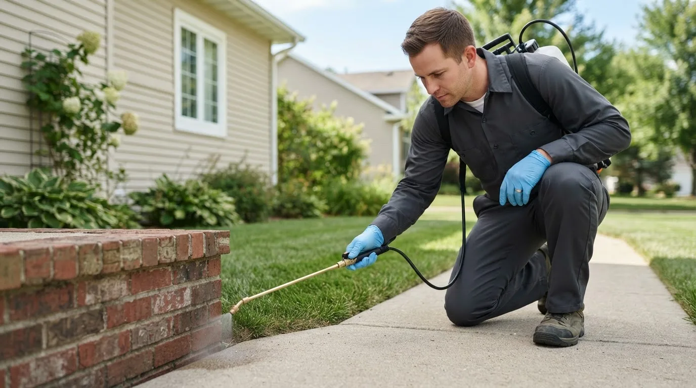 Pest control technician treating a home near Fryeburg, ME