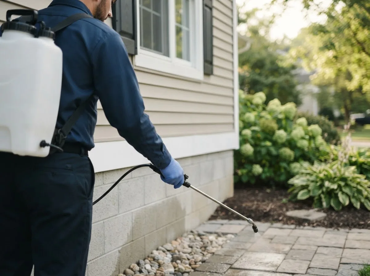 Pest control technician inspecting a home in Fryeburg, ME